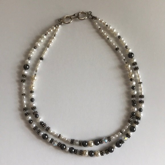 Pearl Double Strand Necklace Swarovski Crystals Sterling Silver Sterling Clasp - Picture 4 of 7